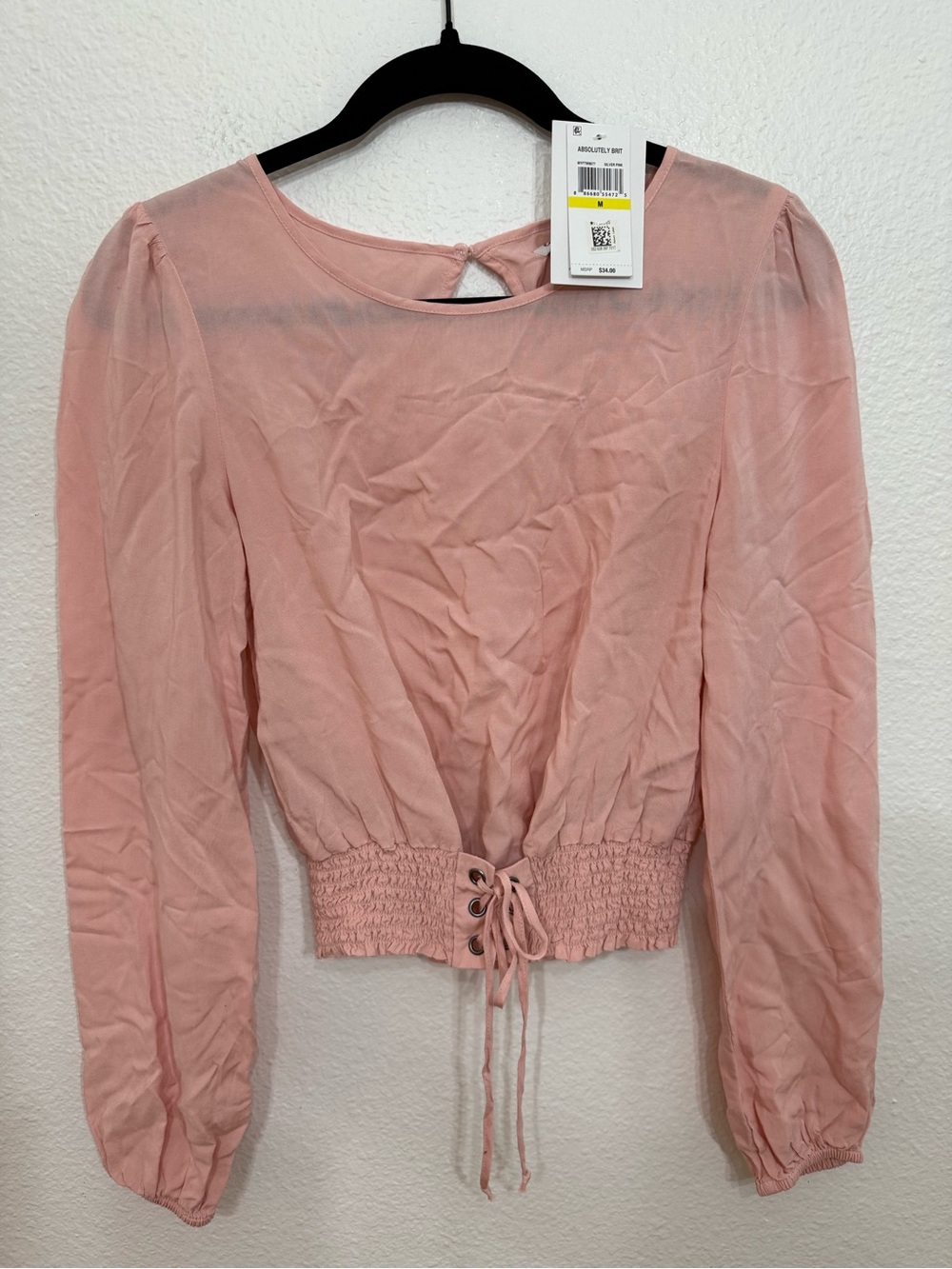 love, Fire Blush Pink Long-Sleeve Tie-Waist Crop Top
